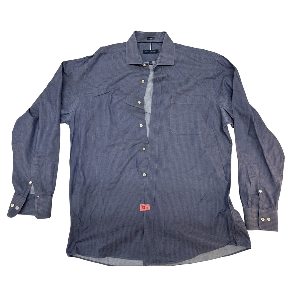 Tommy Hilfiger Mens Regular Fit Herringbone Button Down Shirt Blue Large 16-16.5
